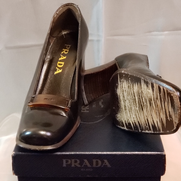 Prada dark brown stacked heels with a Prada name plate. Size 6.5 - Picture 5 of 7